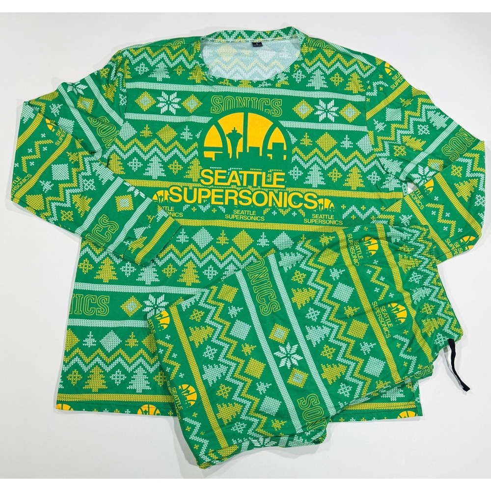 Seattle Supersonics NBA Men's‎ XL Pajama Set Green Yellow Fair Isle Holiday